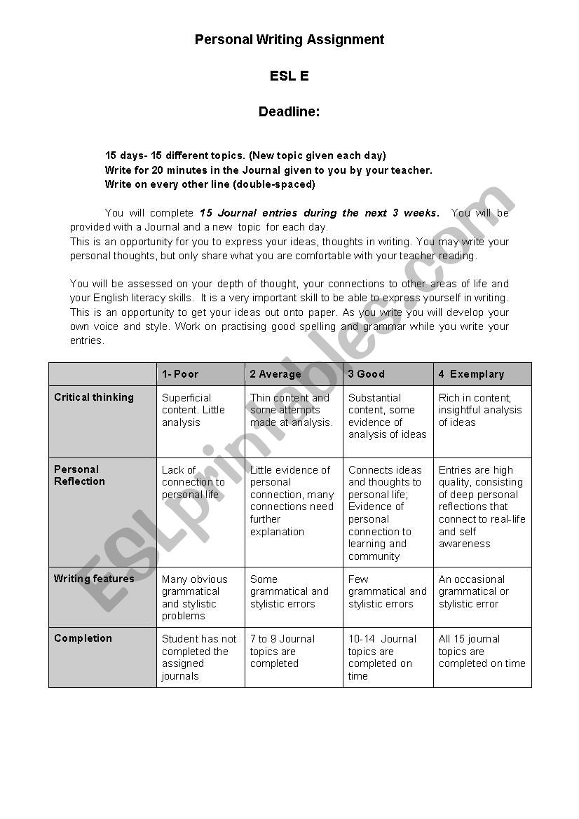 Personal Journal Writing Assignment