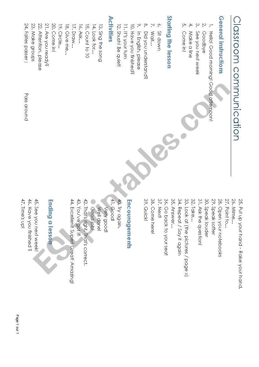 Clasroom instructions worksheet