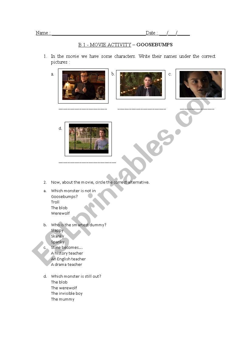 Movie Activity - Goosebumps worksheet