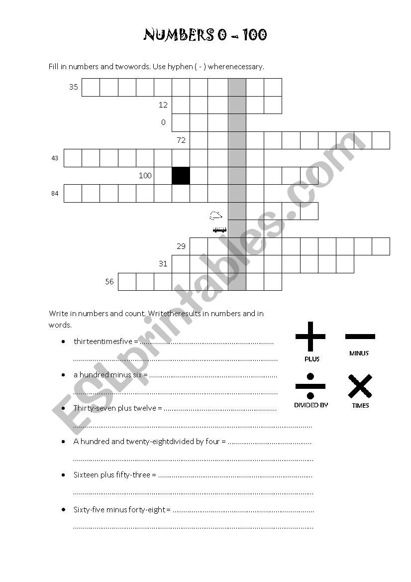 Numbers 0 - 100 worksheet