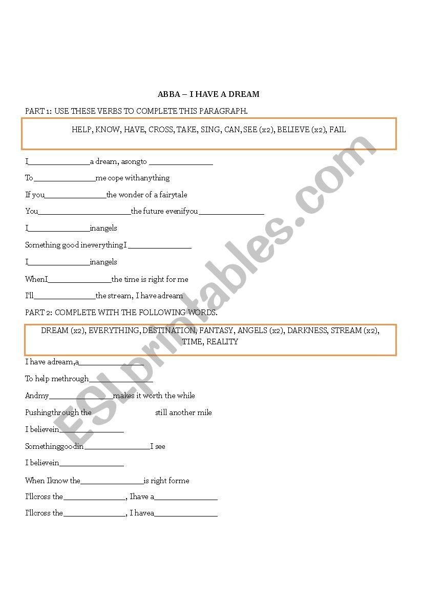 I HAVE A DREAM BY ABBA worksheet