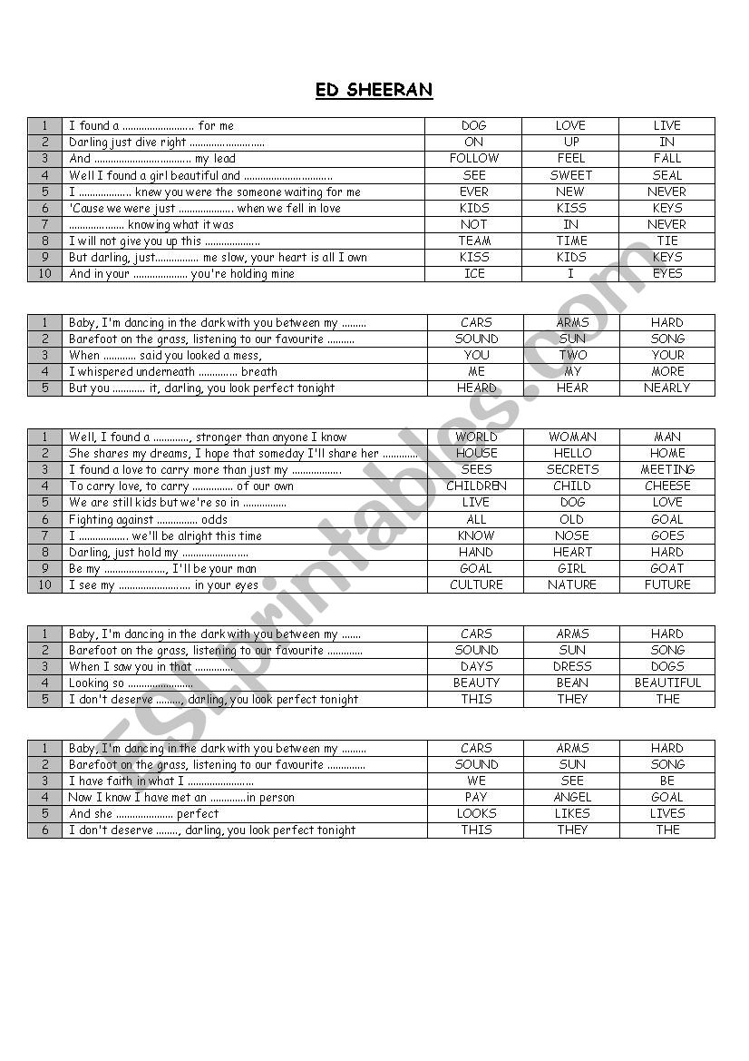 ED SHEERAN PERFECT worksheet