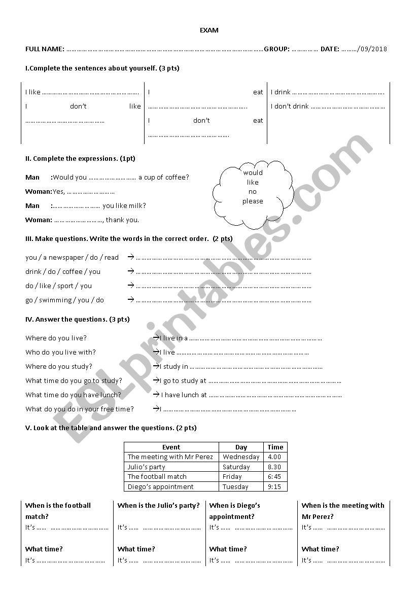 EXAM worksheet