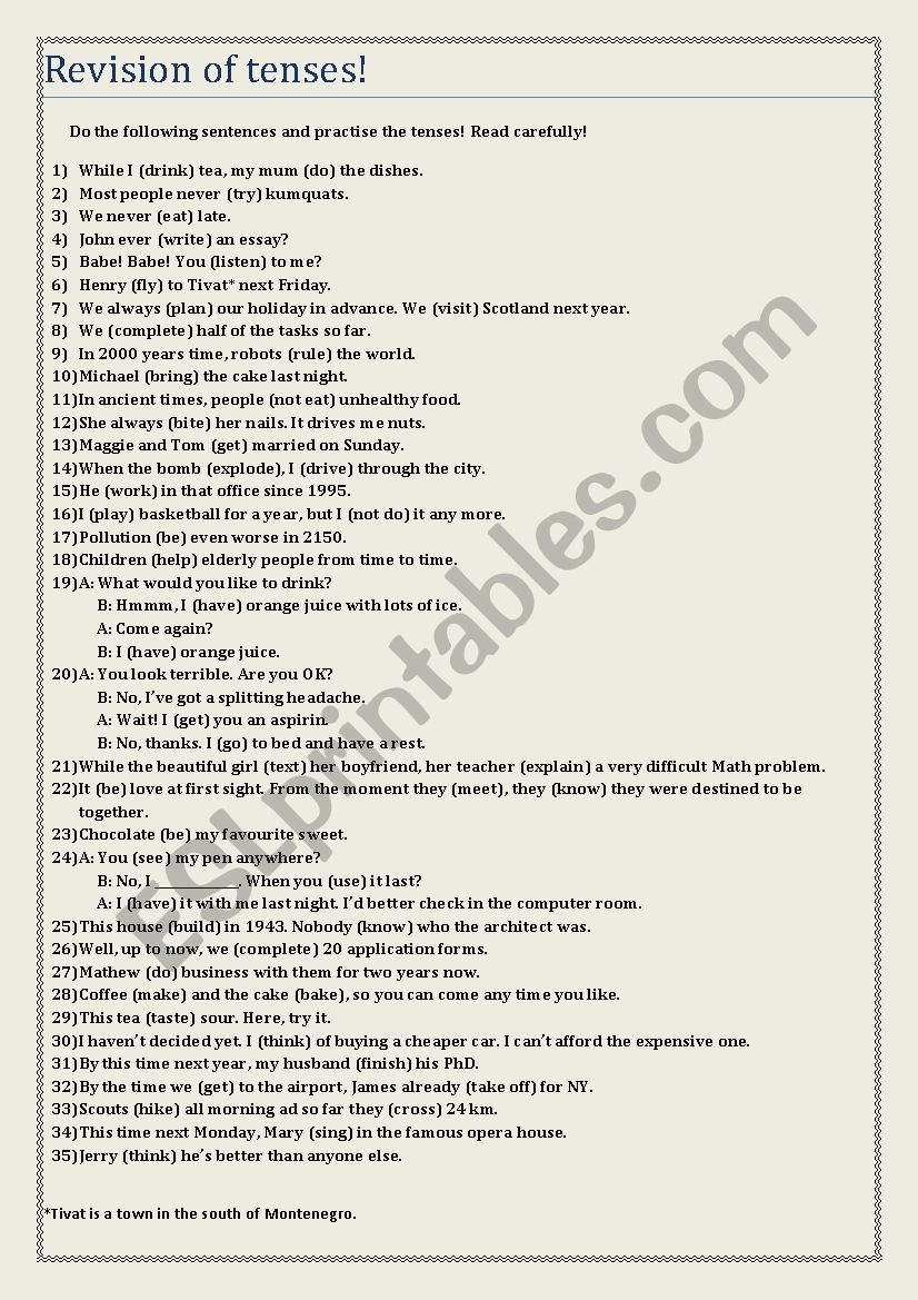 Revision of tenses worksheet