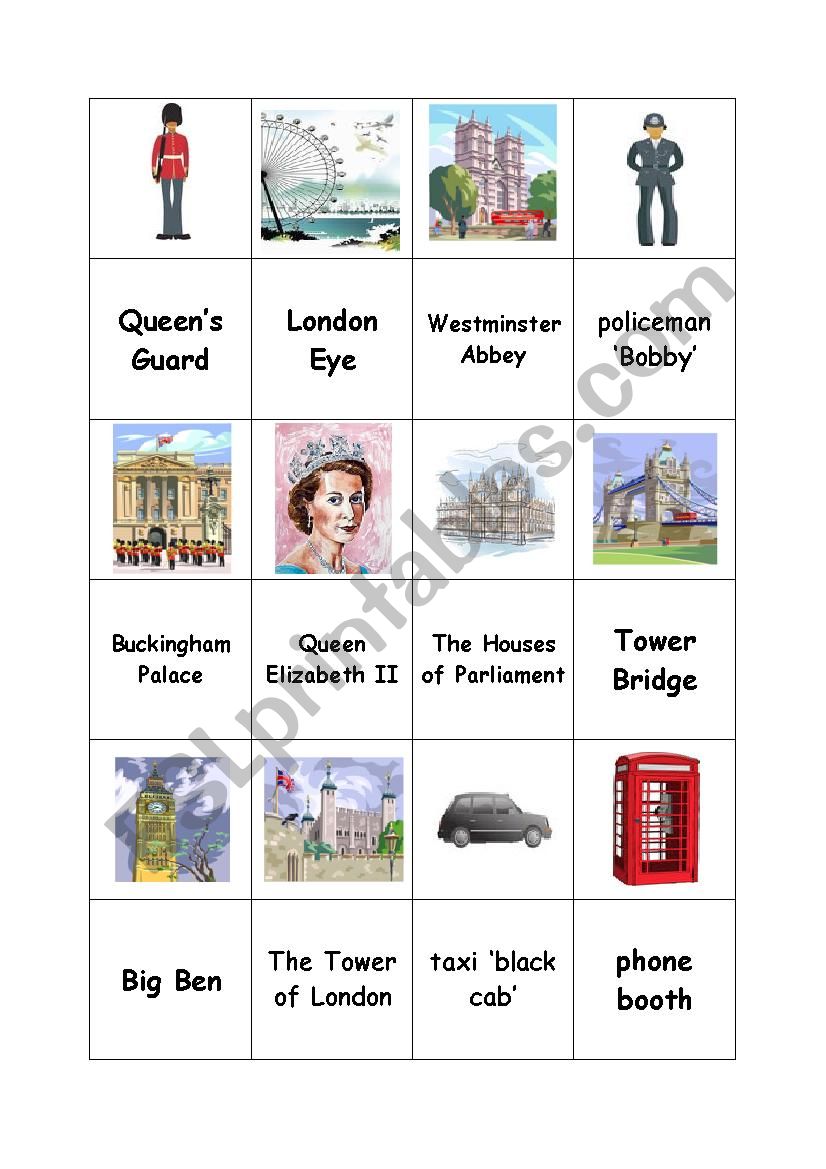 London landmarks-MEMORY GAME worksheet