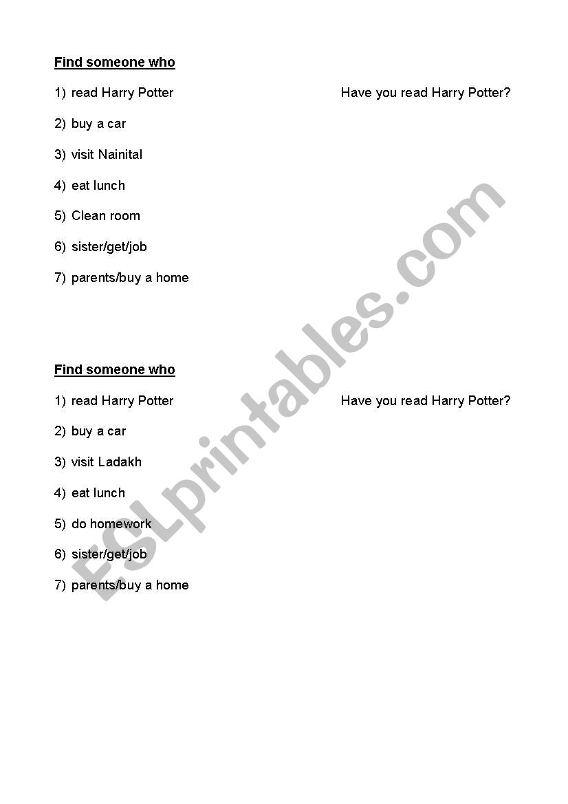 Find someone who- present perfect