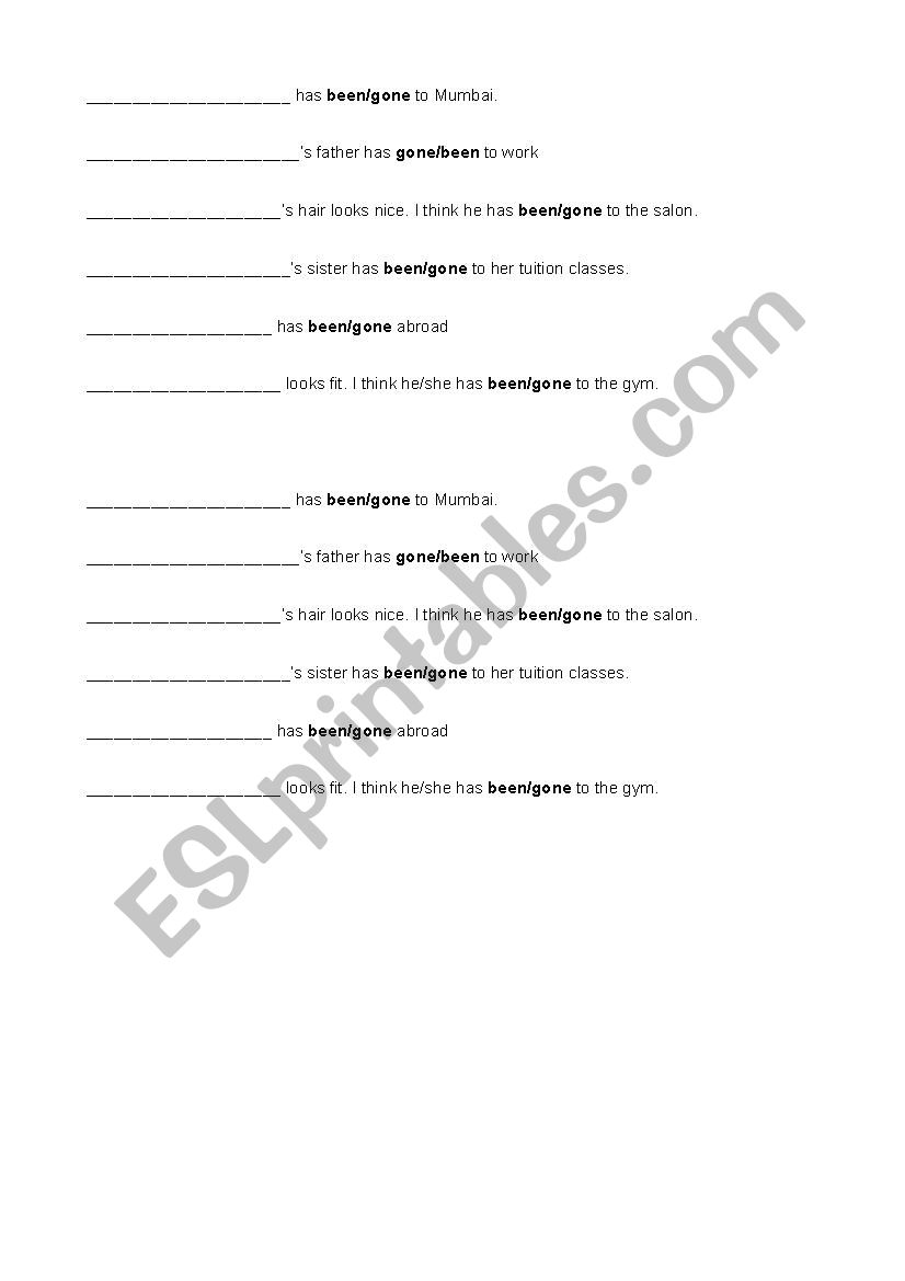 Been to vs gone to worksheet