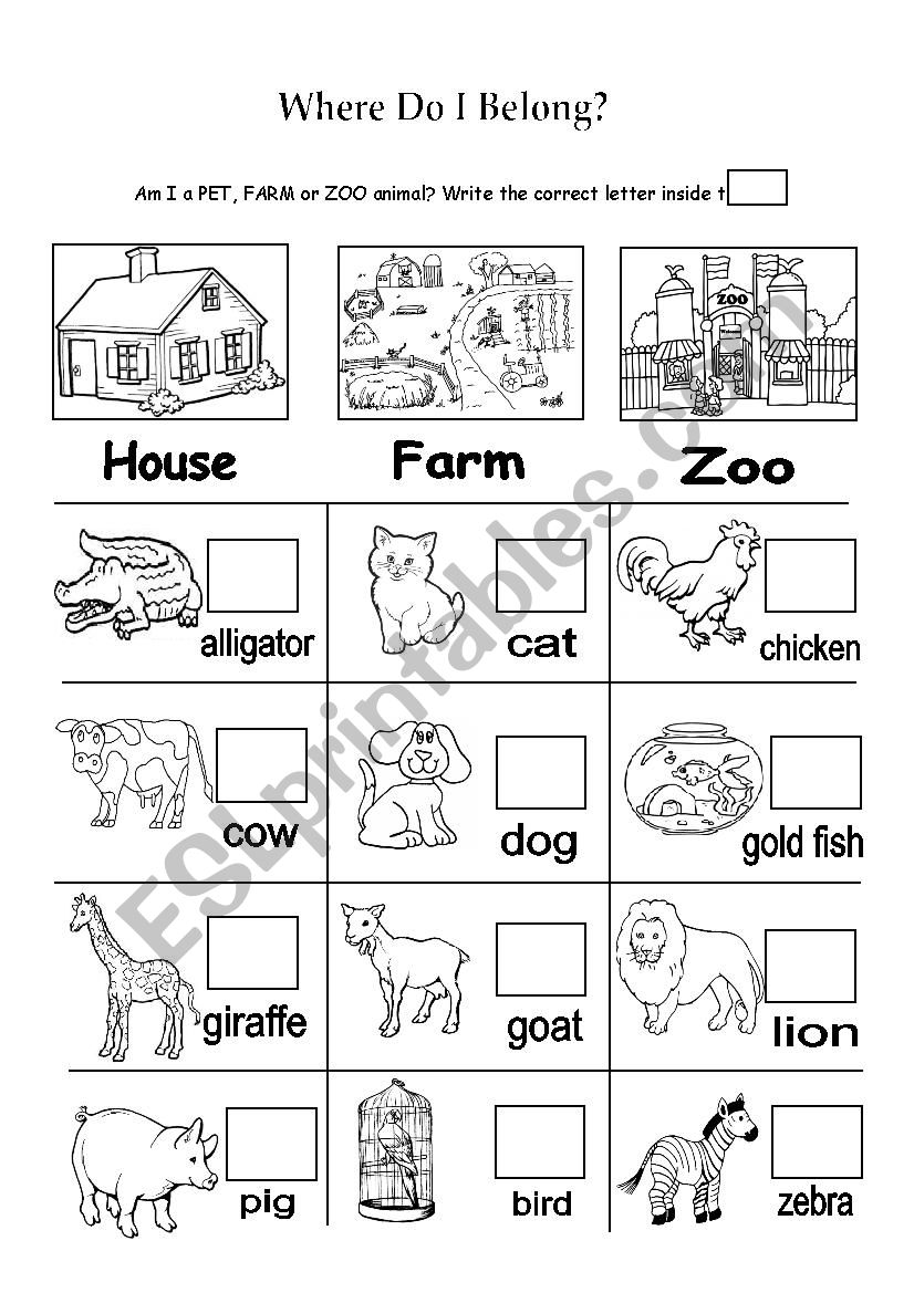 Pet farm or zoo animals worksheet