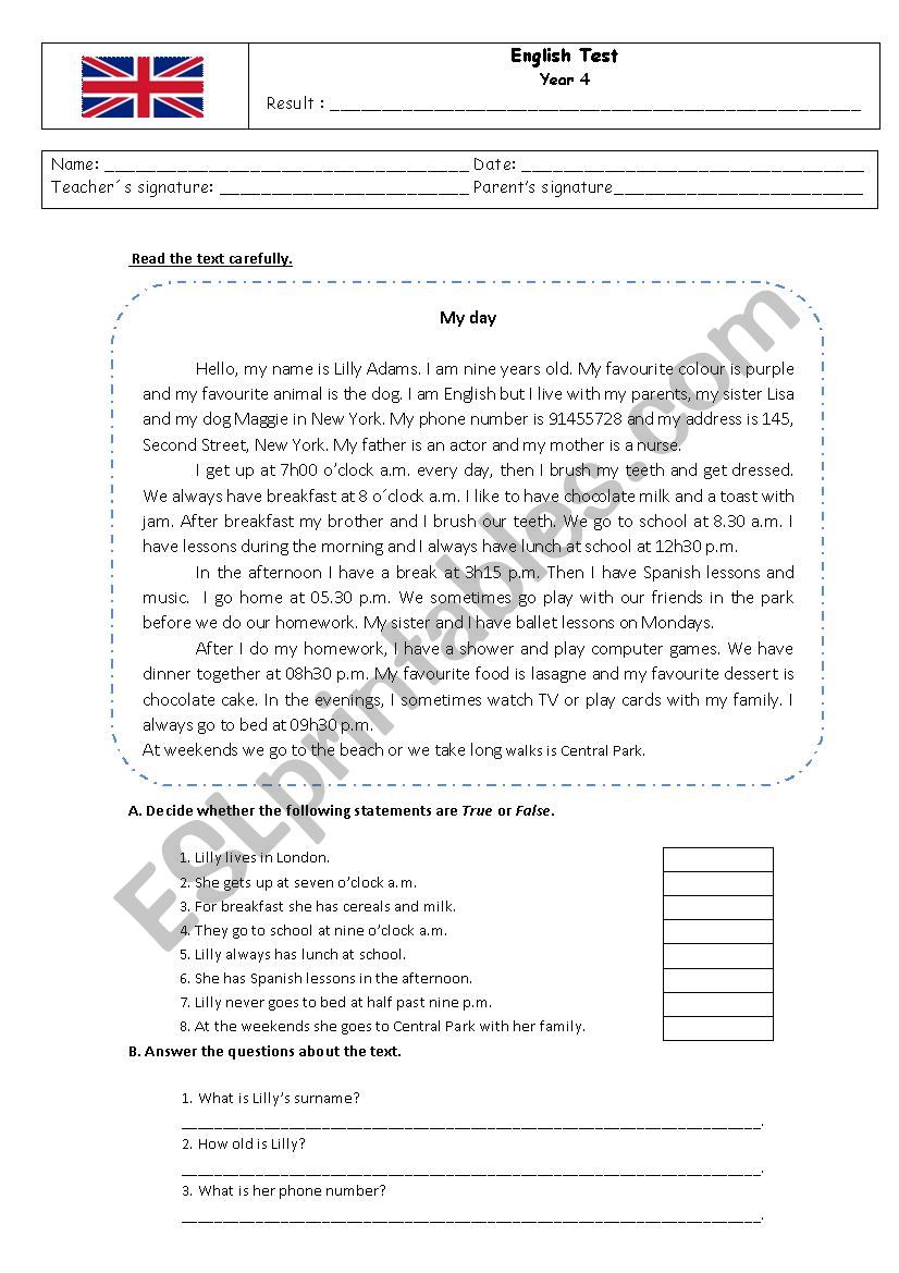 English test - daily routine worksheet