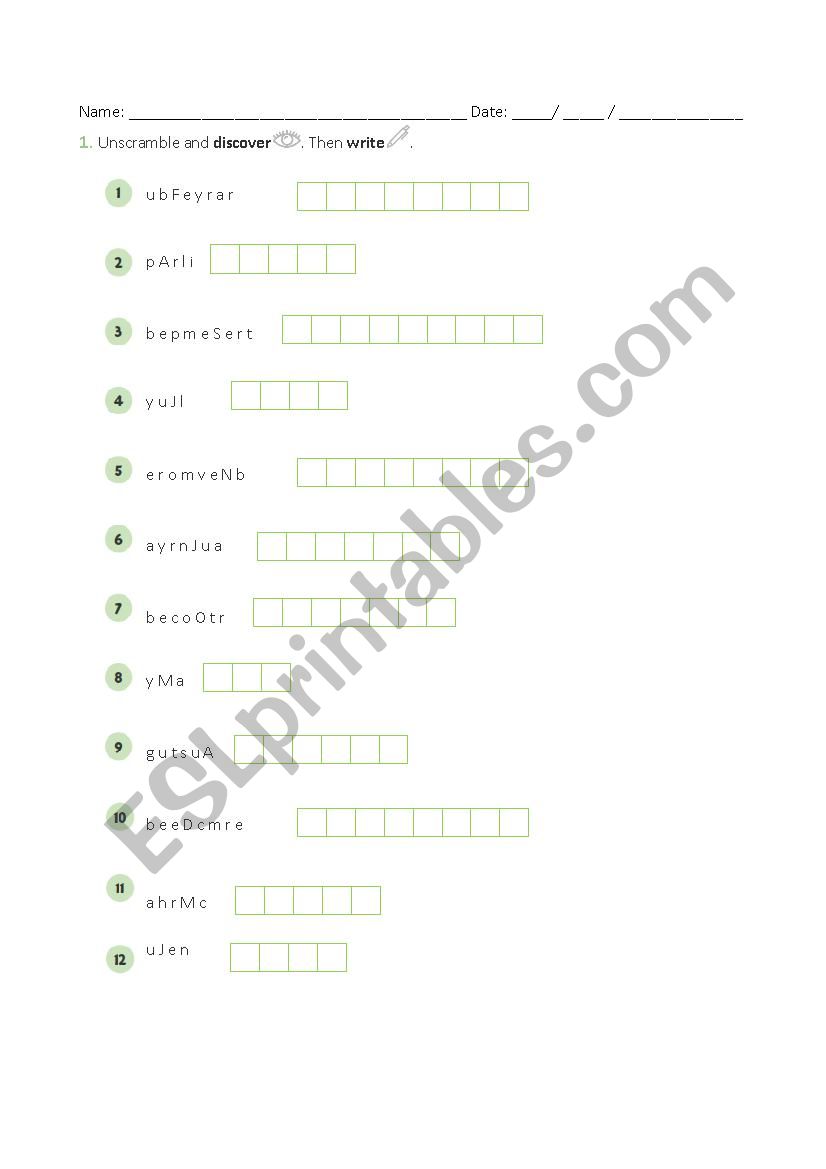 Months worksheet
