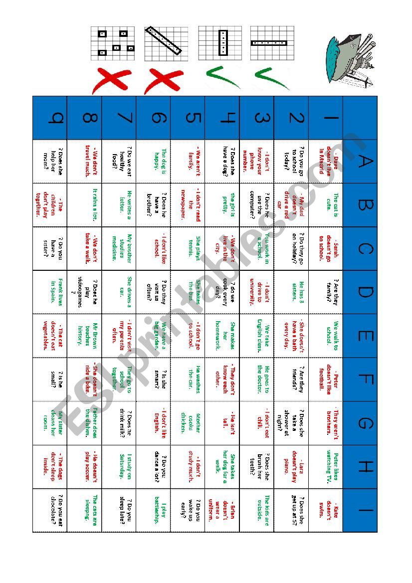 Present simple battleship (affirmative, negative, yes/no questions)