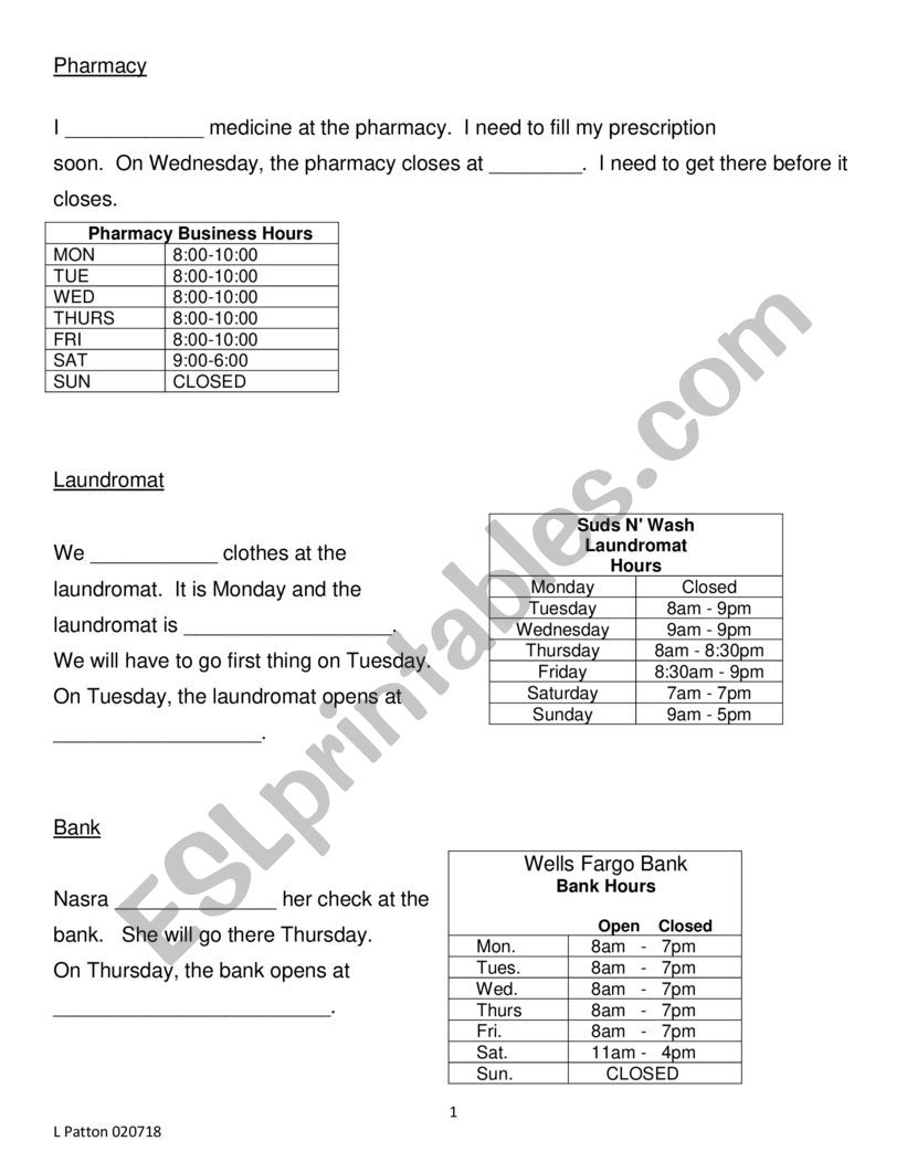 Community_Store Hours Worksheet and Stories
