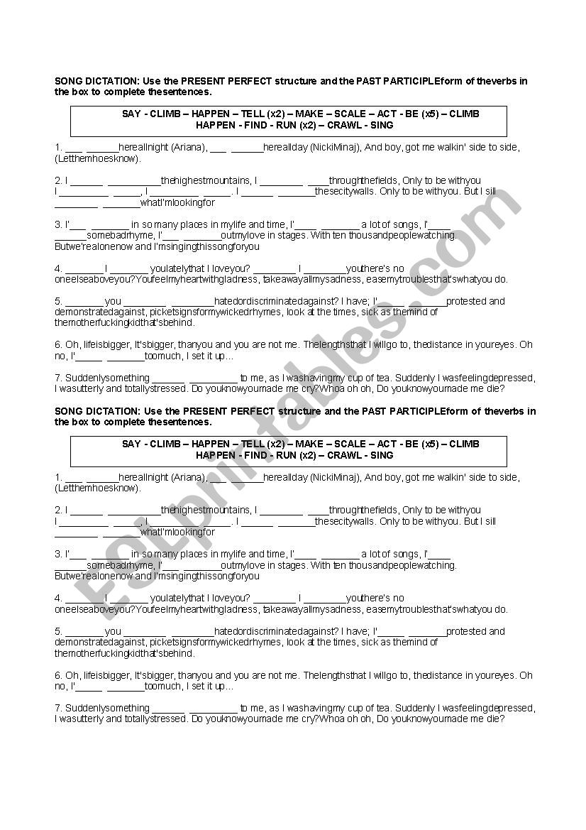 Song dictation verbs in present perfect