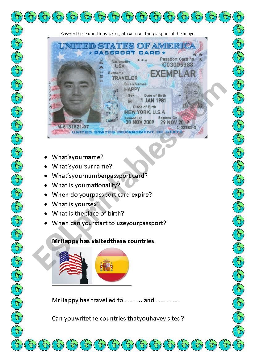 Reading a passport  worksheet