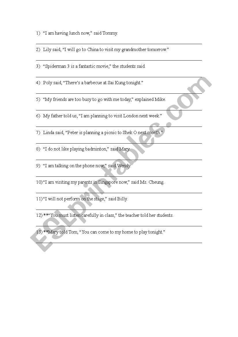 Reported Speech worksheet