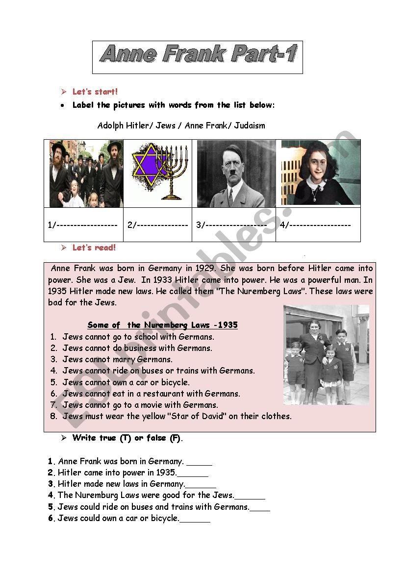 Anne Frank P1 worksheet