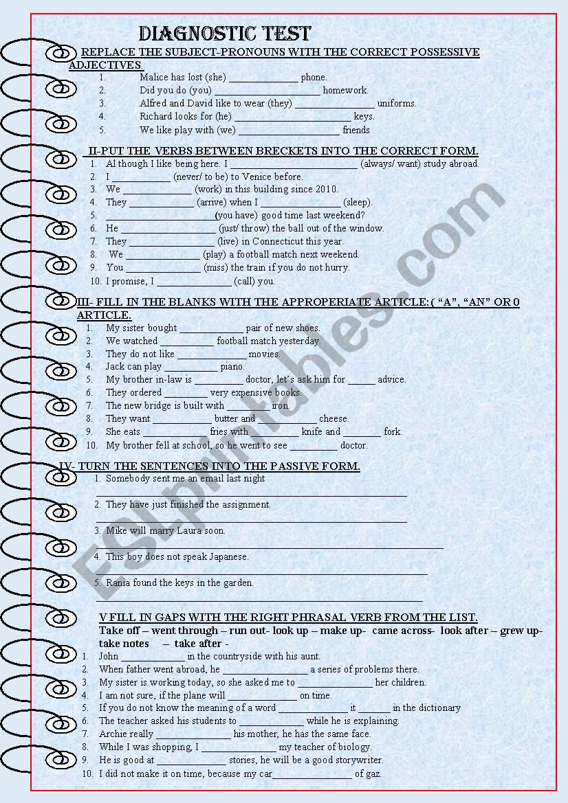 DIAGNOSTIC TEST worksheet