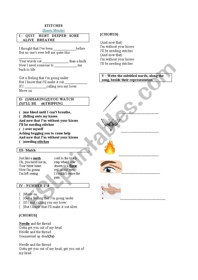Shawn Mendes  song - Stitches worksheet