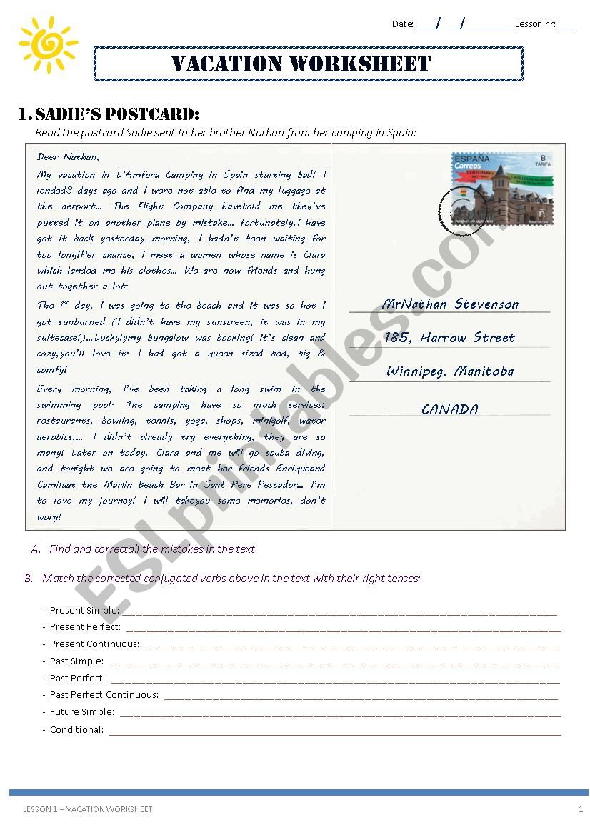 Vacation / Holiday Worksheet - Postcard, tenses, questions, vocabulary... Part 1