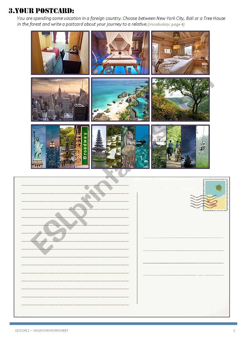 Vacation / Holiday Worksheet - Postcard, tenses, questions, vocabulary... Part 2