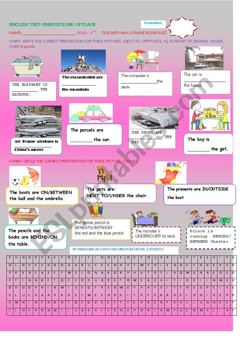 PREPOSITIONS OF PLACE TEST  worksheet