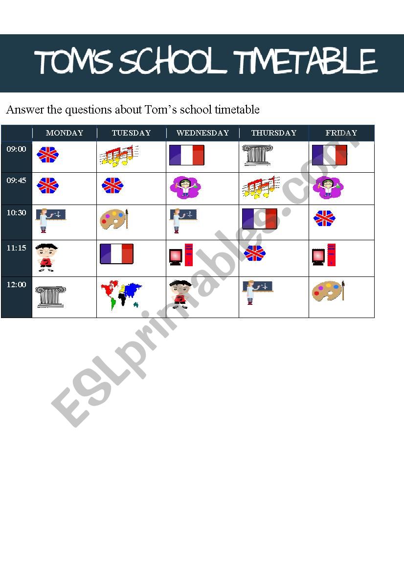 Toms School Timetable worksheet