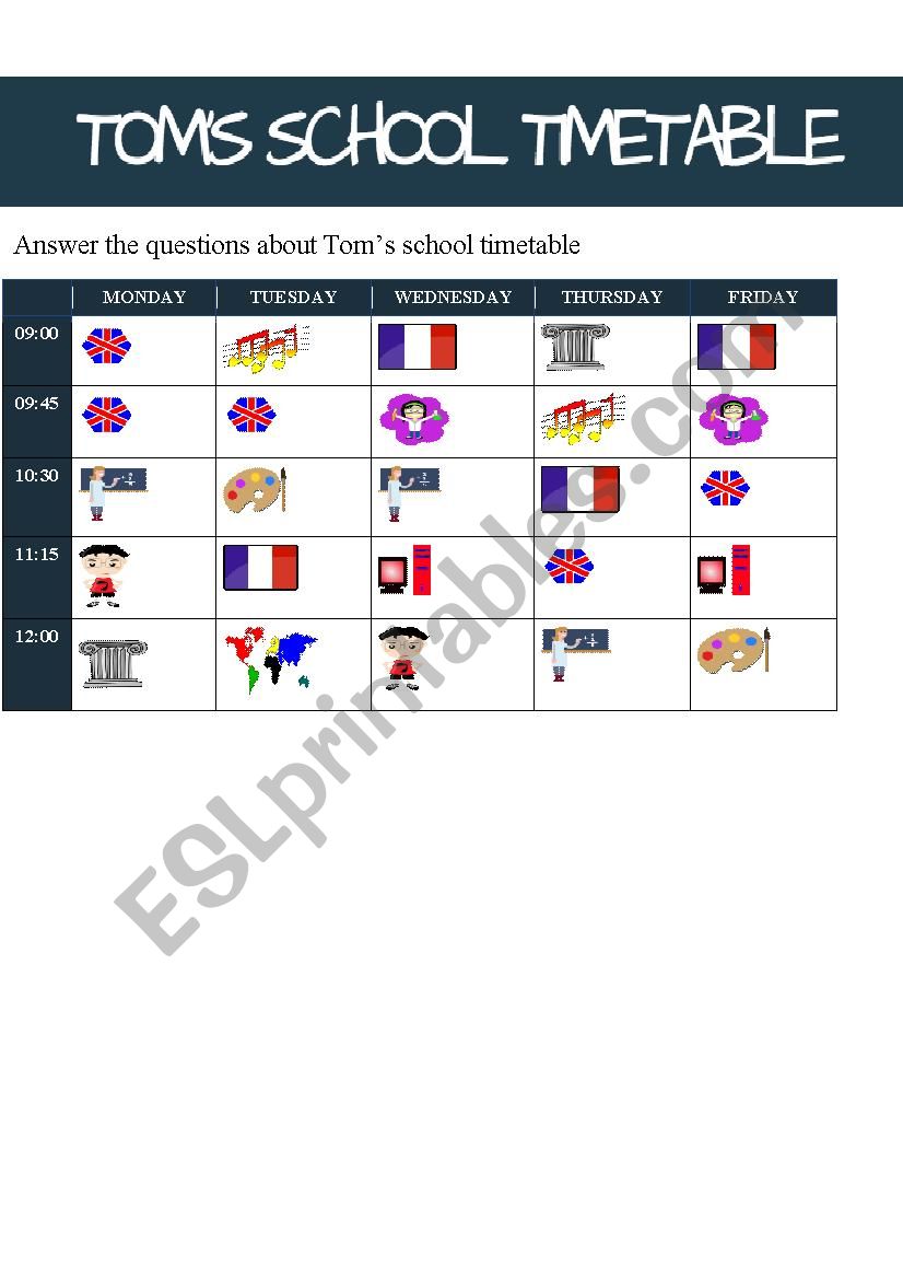 TomÂ´s School Timetable worksheet