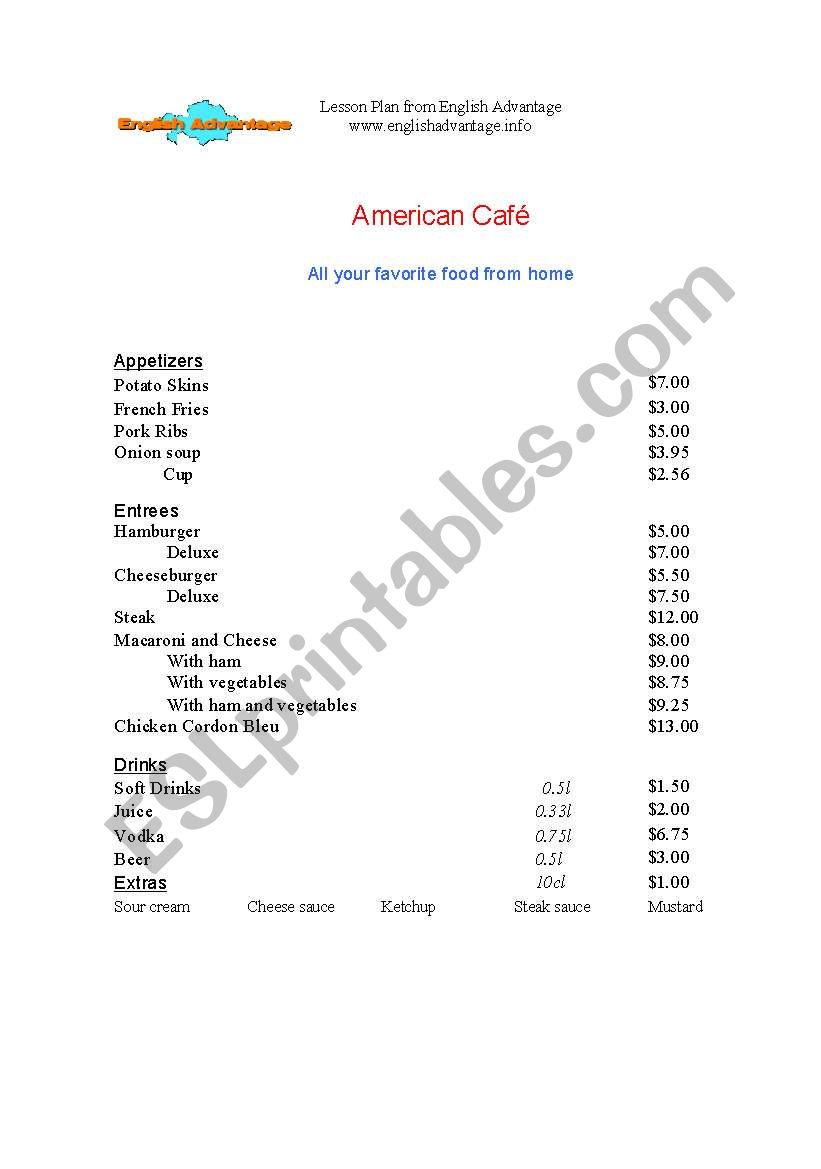 Menu for Restaurant Roleplays worksheet