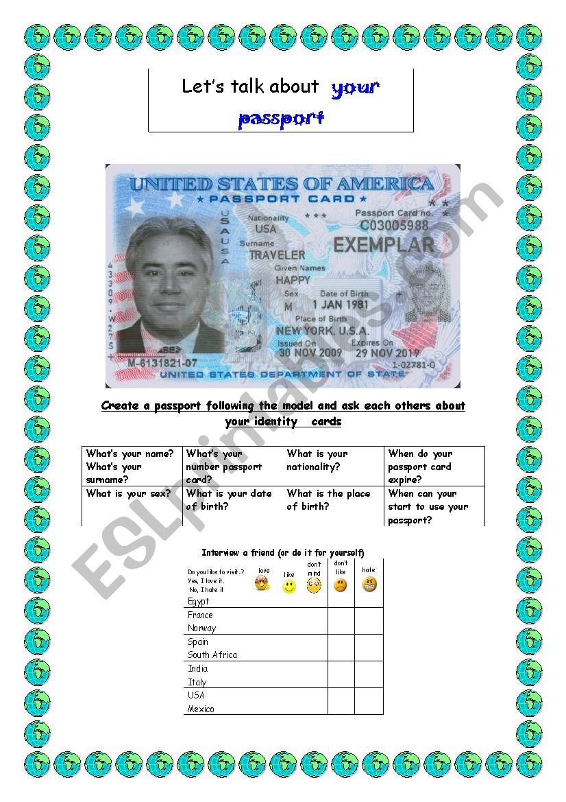 Passport Oral activity worksheet