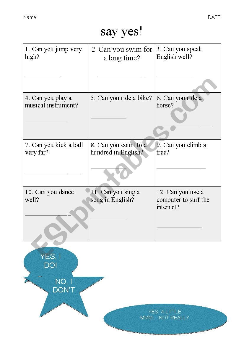 SAY YES!  worksheet