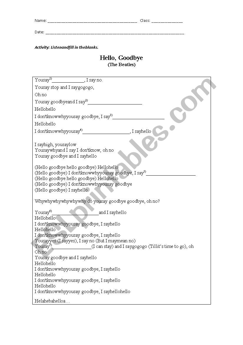 Hello Goodbye Beatles Song worksheet