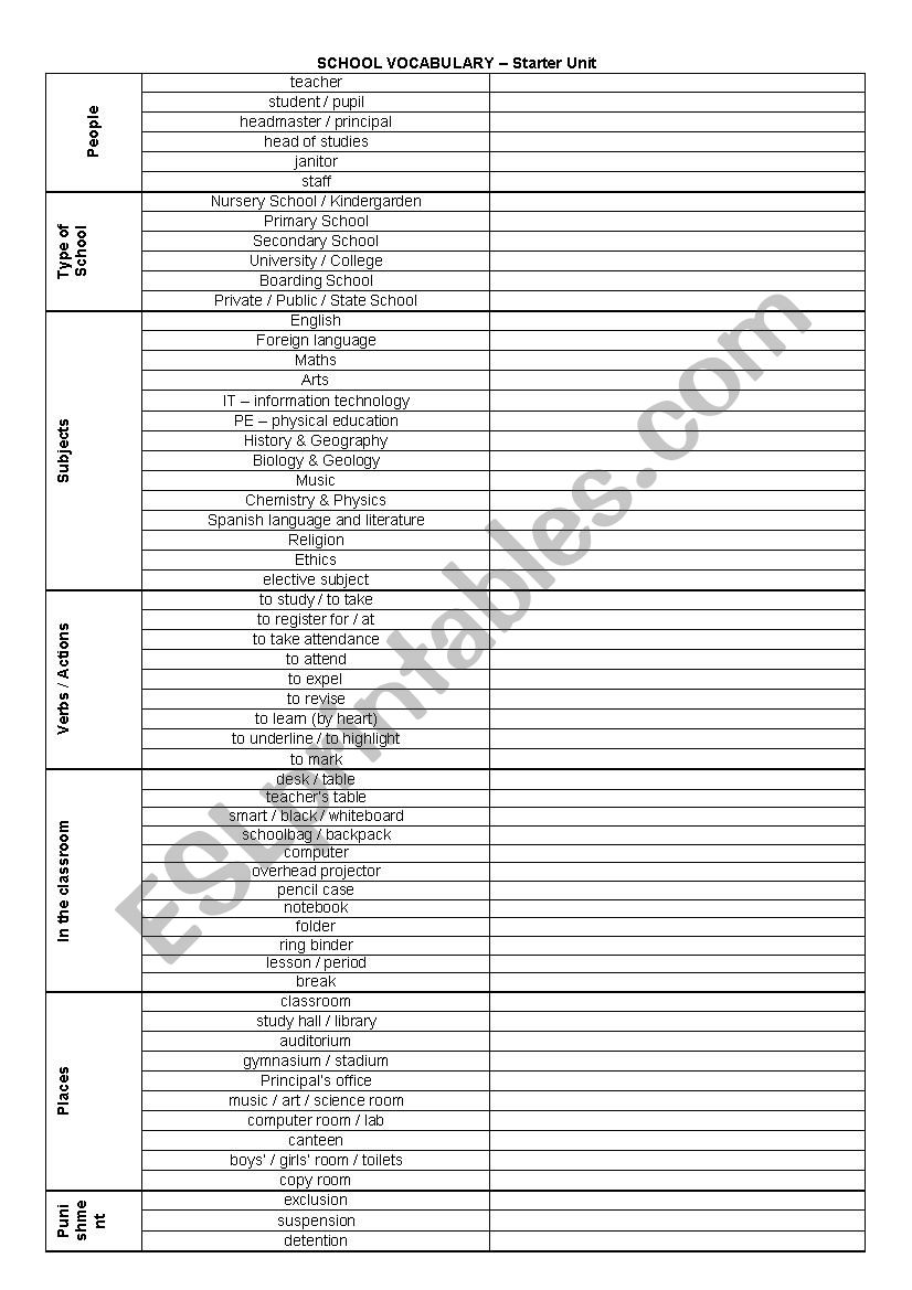 School vocabulary worksheet