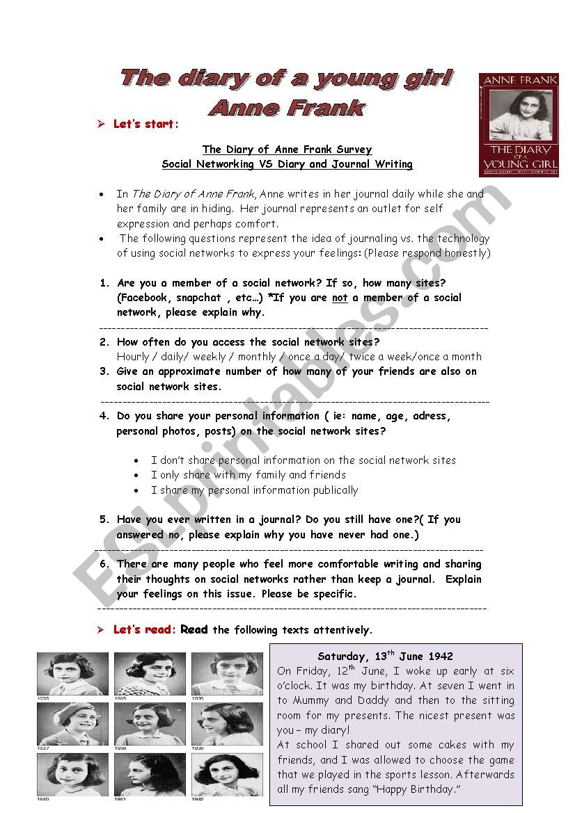 Anne Frank p4 worksheet