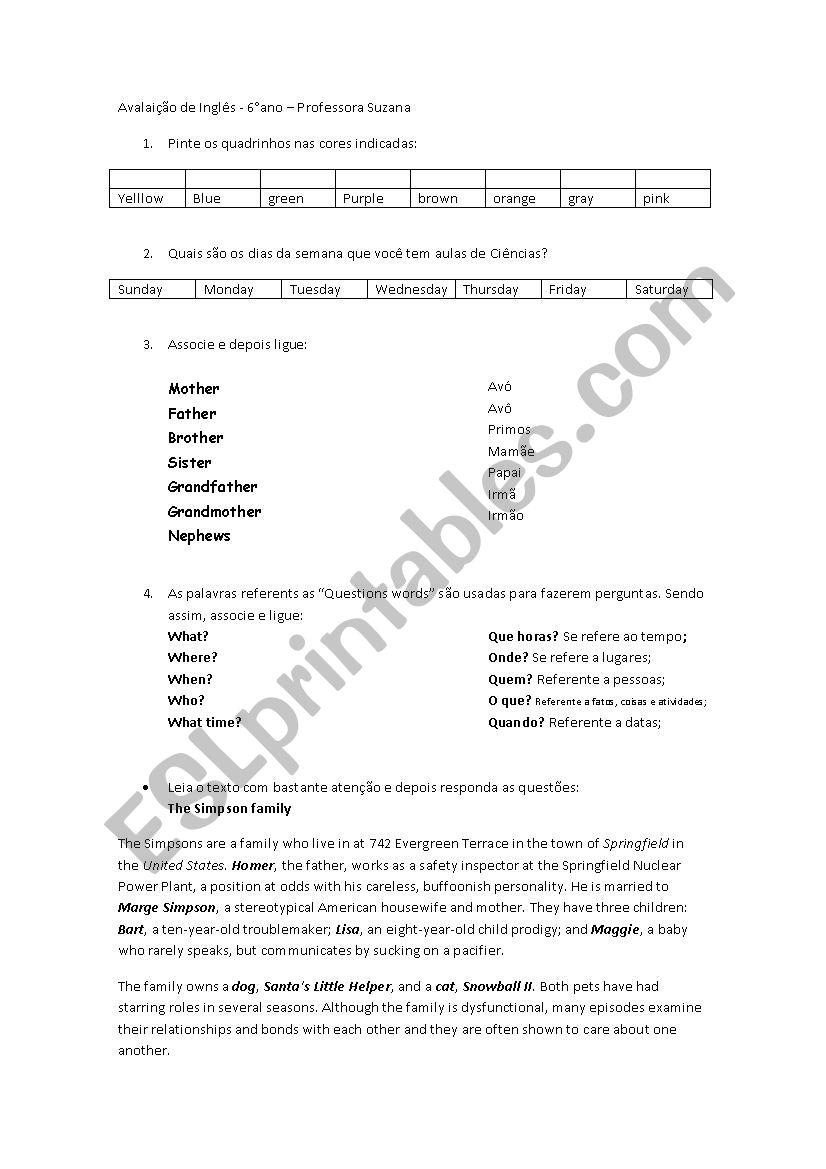 test of 6 th grades worksheet