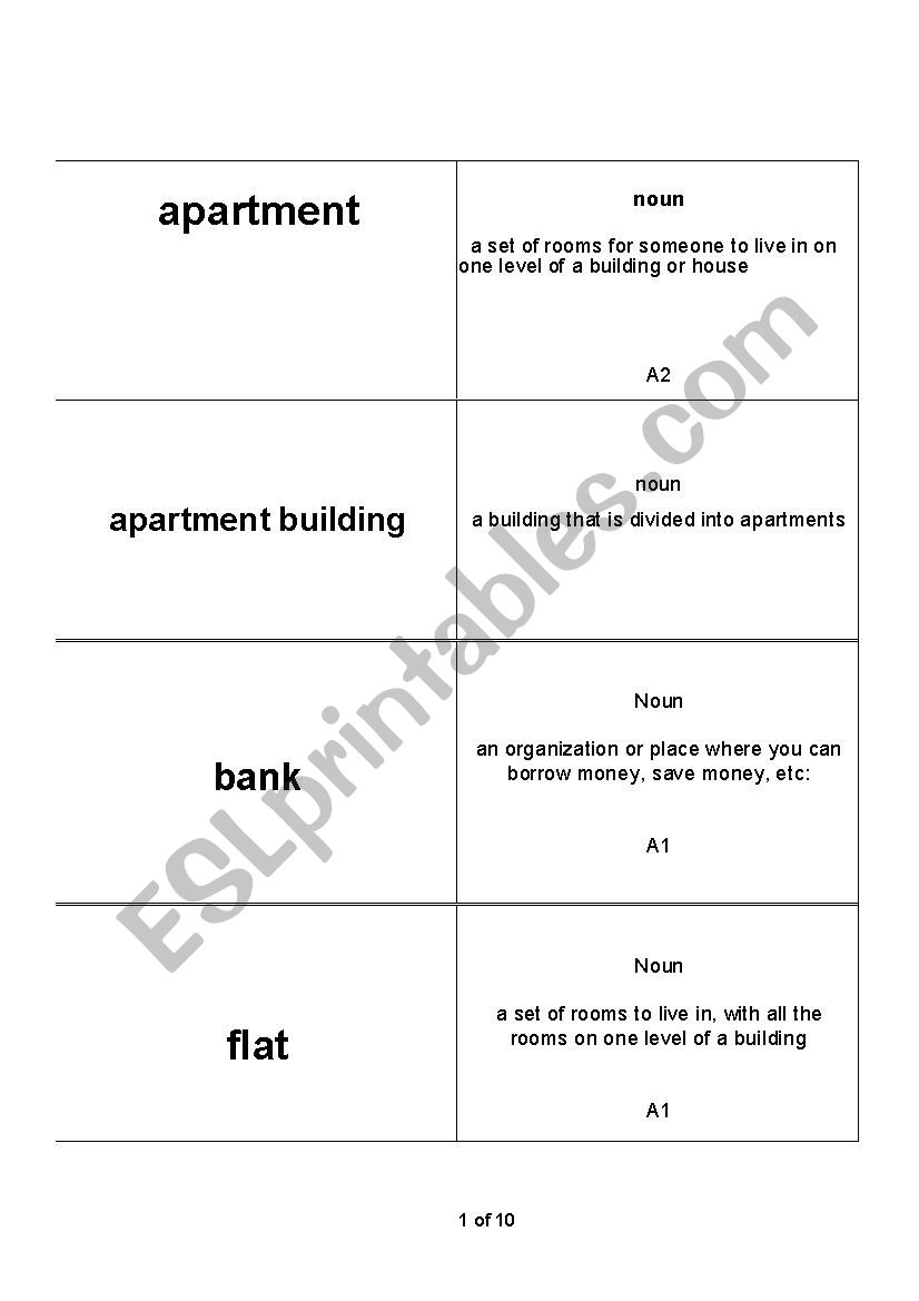 Cambridge PET vocabulary Flash Cards (Places) 