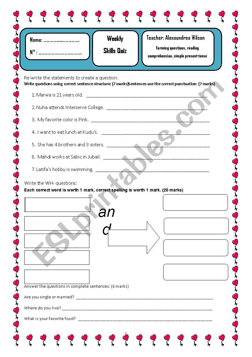 Simple present and WH questions quiz