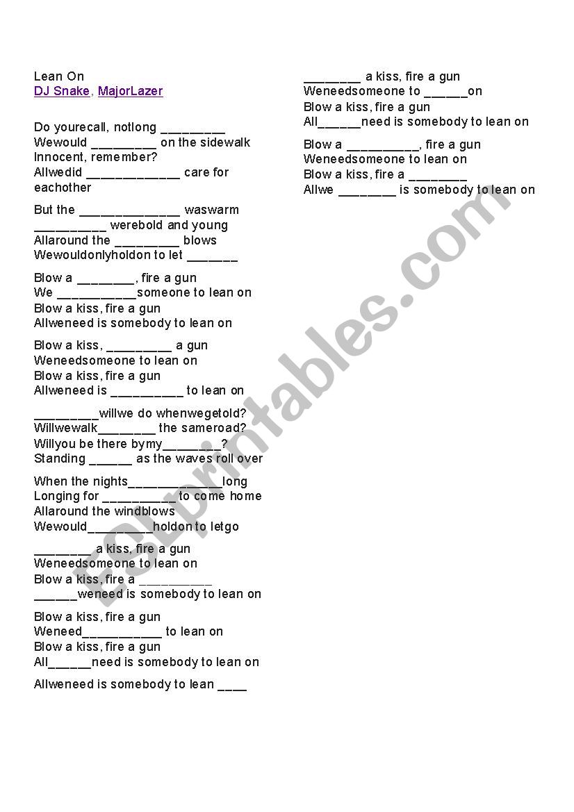 Lean on Song  worksheet