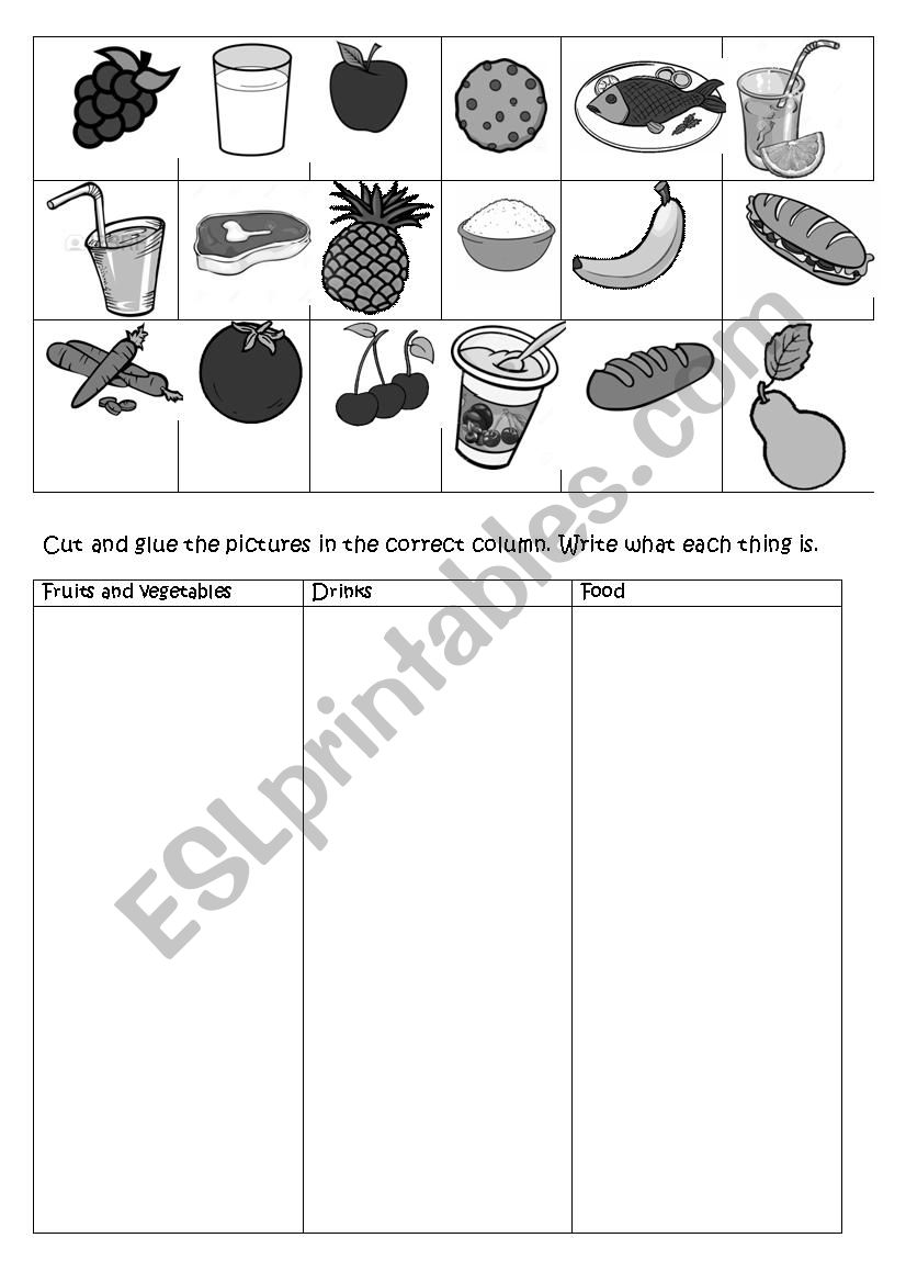 Food, cut and glue the different pictures in the correct column. Write their names