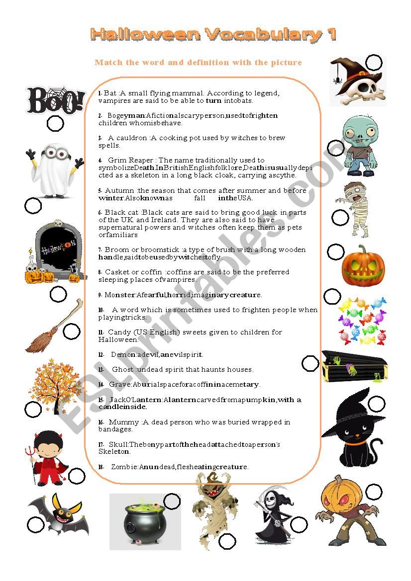 Halloween vocabulary matching picture with definition and keys n1