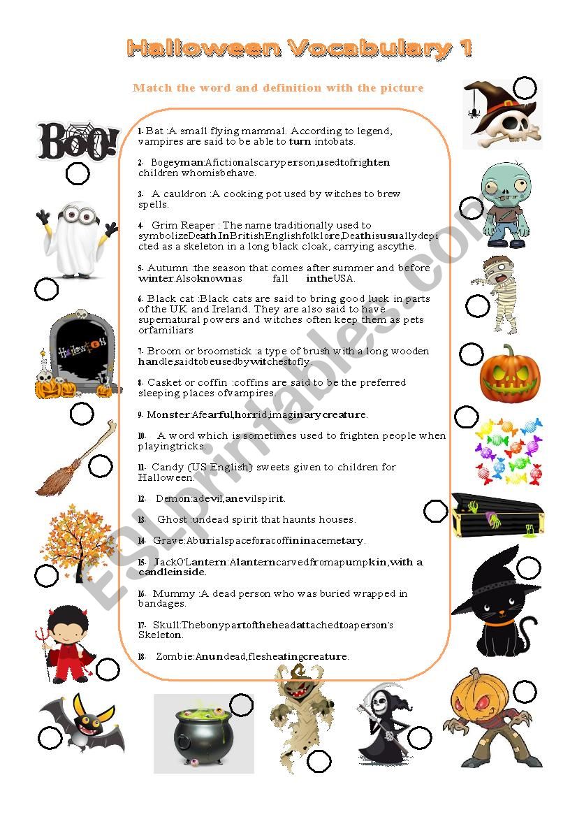 Halloween vocabulary matching picture with definition and keys nÂ°1