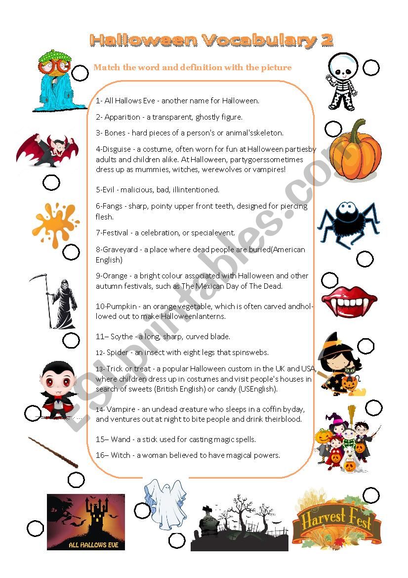 Halloween vocabulary matching picture with definition and key n2