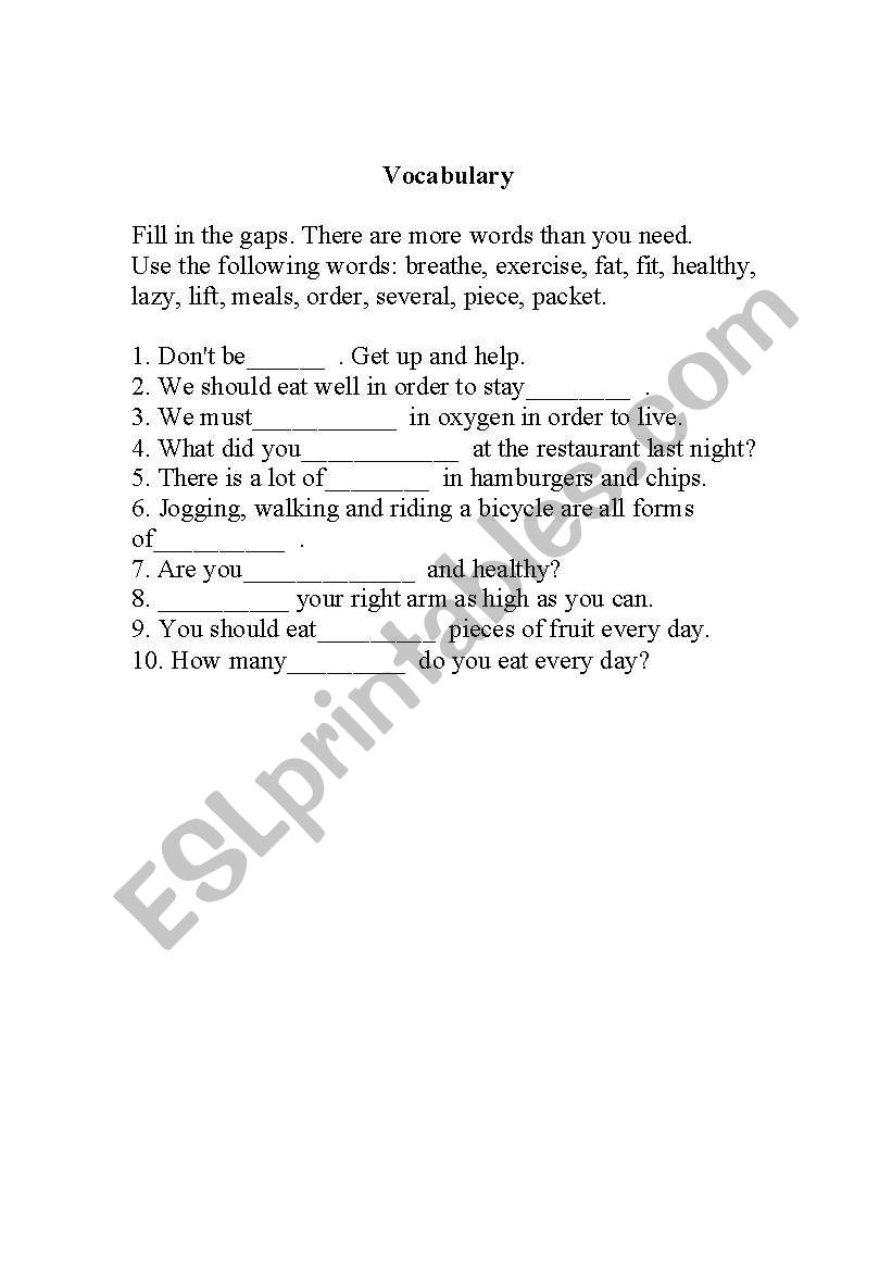 Vocabulary - Healthy life worksheet