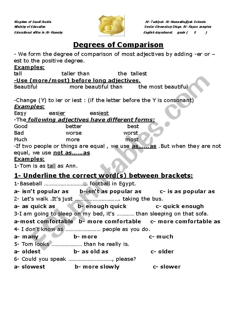 DEGREES OF COMPARISON worksheet