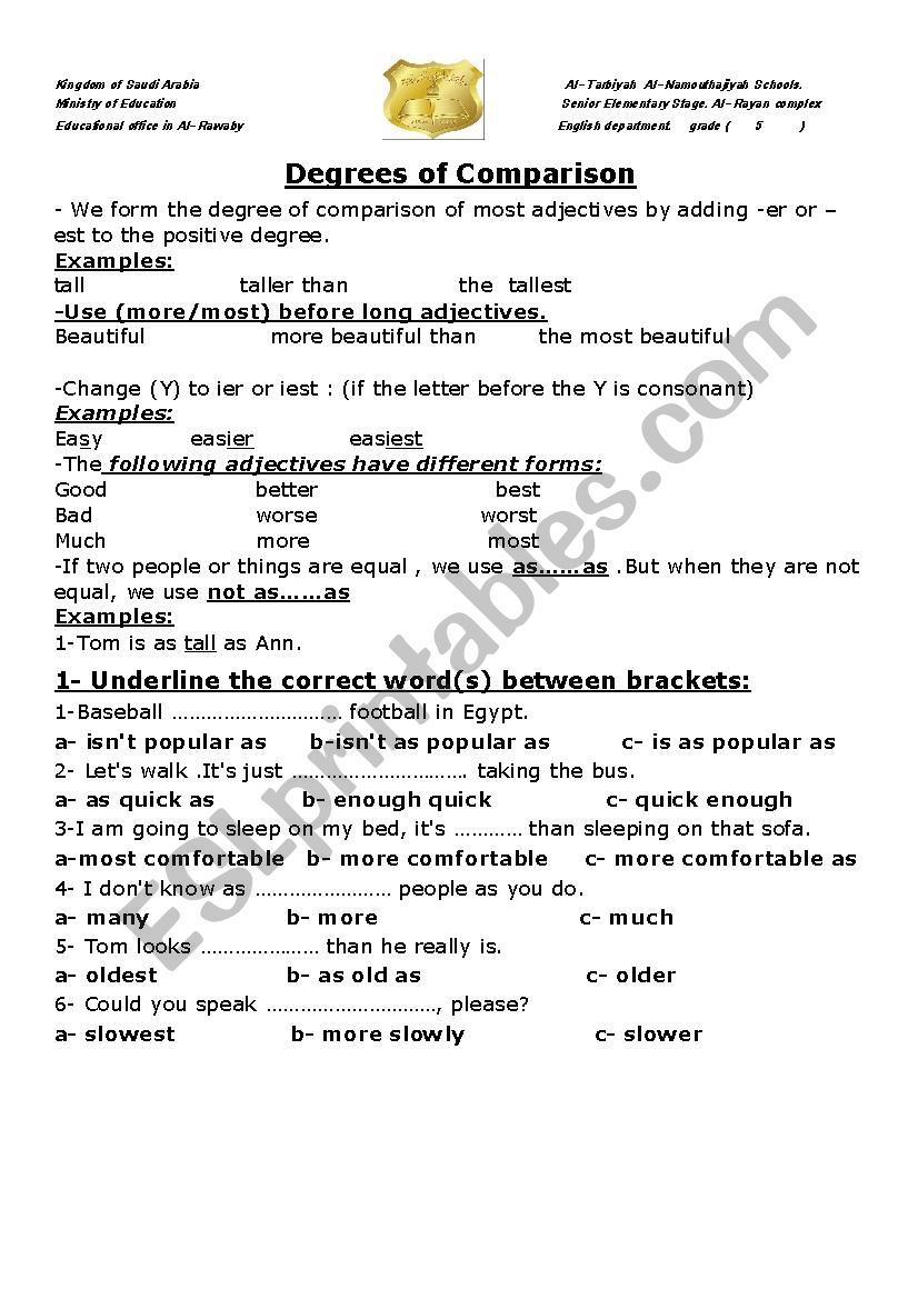DEGREES OF COMPARISON ESL Worksheet By Ziezou