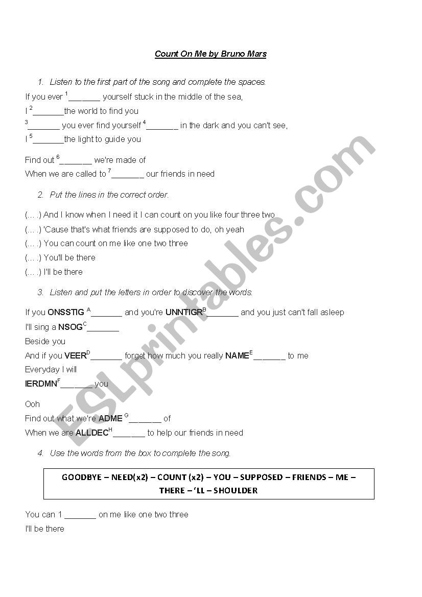 Count on me Bruno Mars worksheet