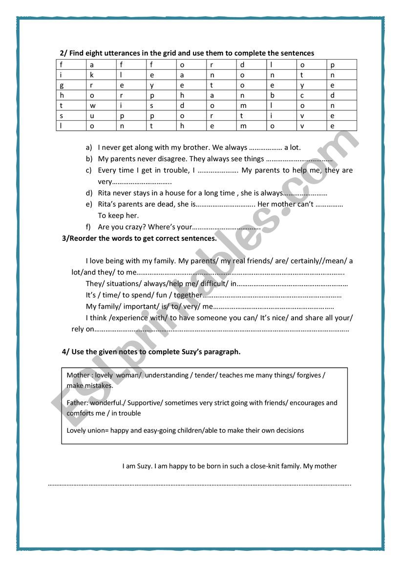 family relationships worksheet