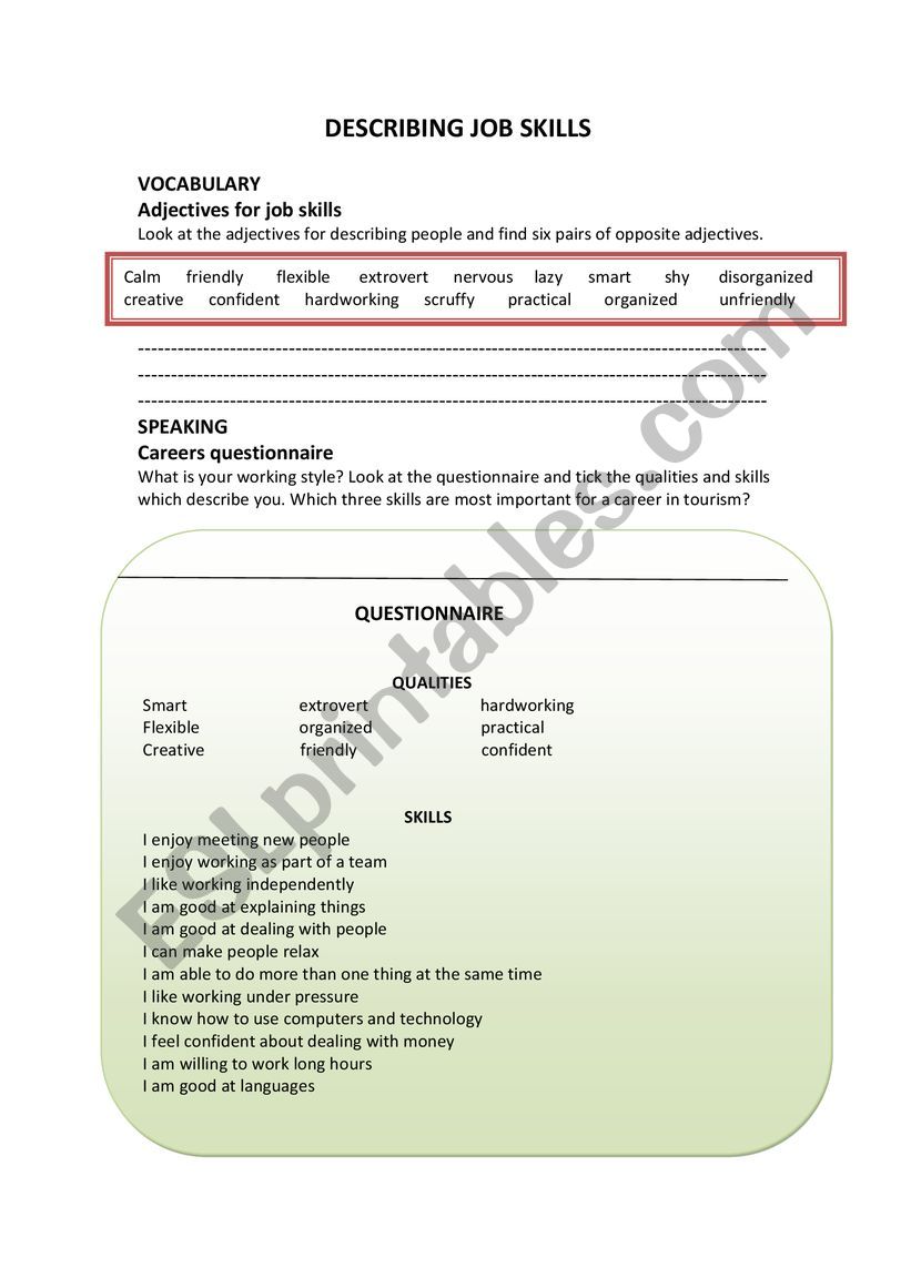 Describing job skills worksheet