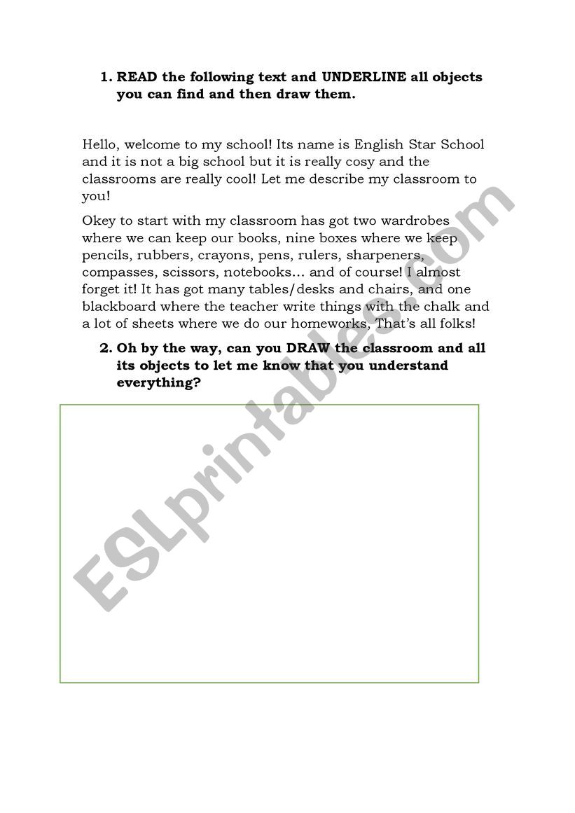 CLASSROOM OBJECTS READING worksheet