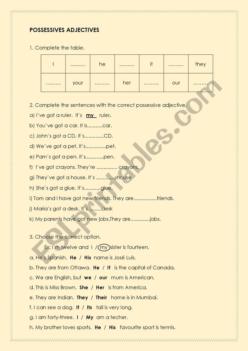 POSSESSIVE ADJECTIVES worksheet