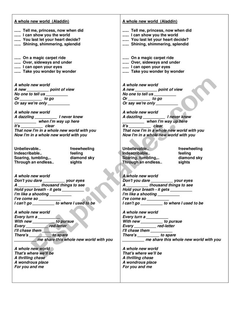 SONG: A whole new world  worksheet